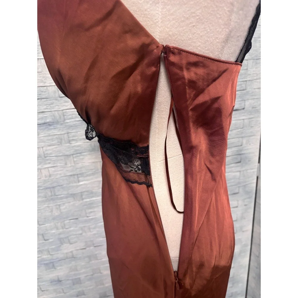 NWT Abercrombie & Fitch S Maxi Slip Dress Brown Lace Trim Satin Dark Romance